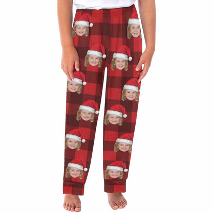 Aangepaste gezicht rode geruite kerstmuts nachtkleding gepersonaliseerde dames en heren pyjama party lange pyjamabroek