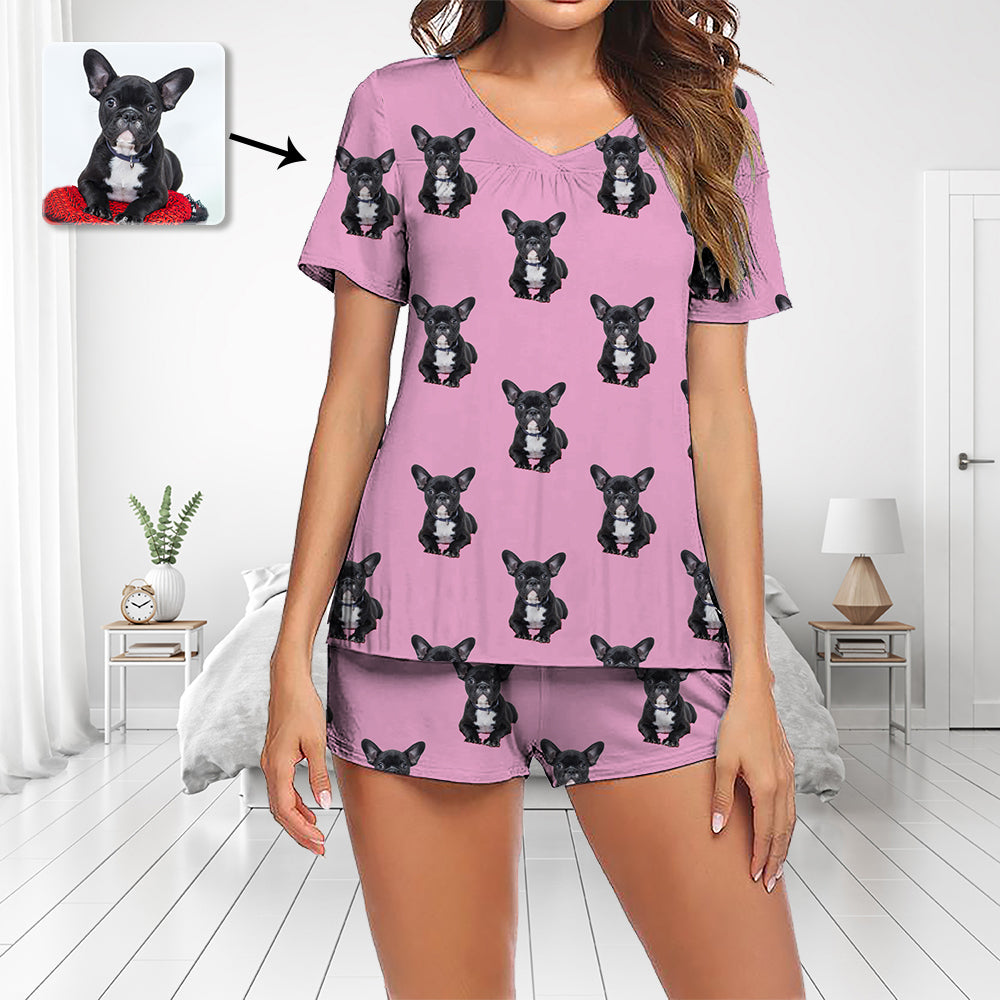 Pyjamaset met aangepaste foto Pyjama met korte mouwen en V-hals Damesshorts Pyjamaset Nachtkleding Nachtkleding met hond Volledig lichaam